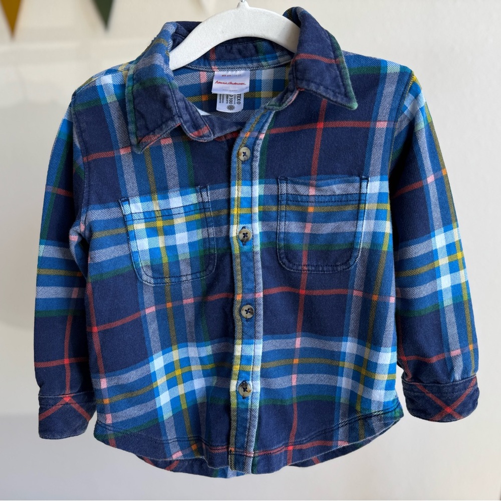 HANNA ANDERSSON | Blue and Red Plaid Button-Up Shirt in French Terry